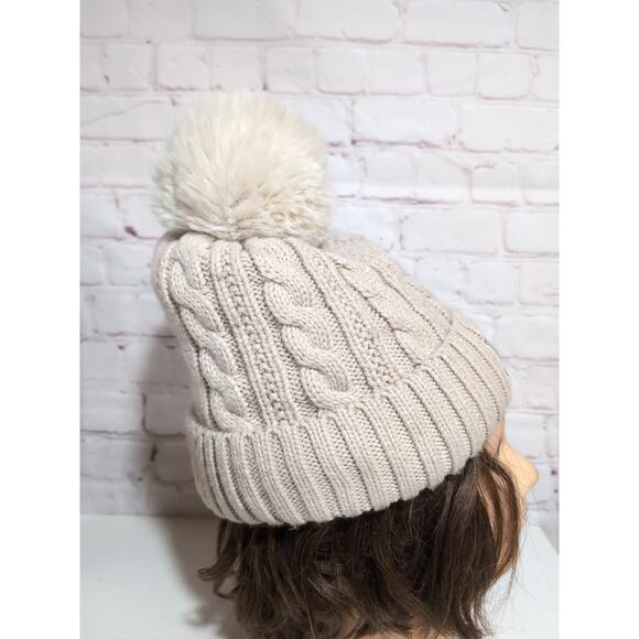UGG Fleece Lined Cream Tan Winter Cable Knit PomPom Beanie Hat - Picture 5 of 6